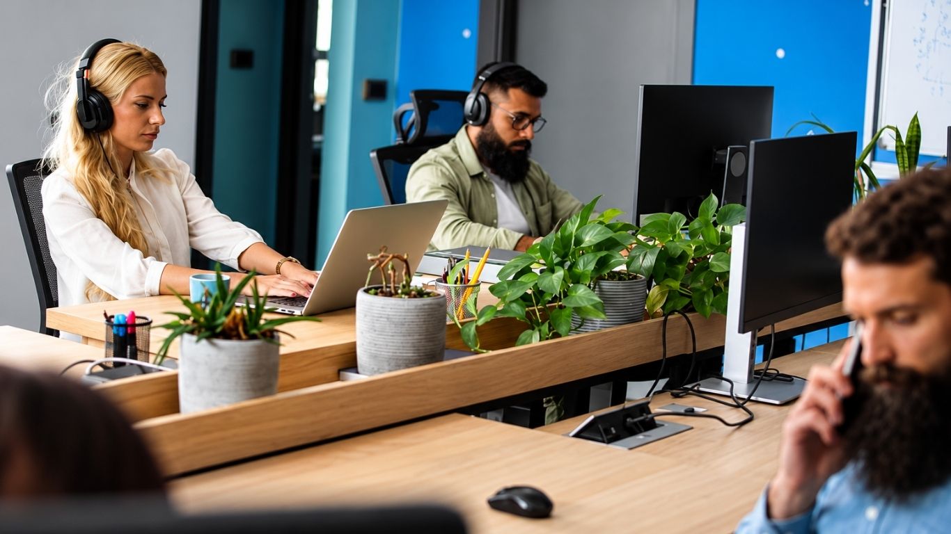 Employee wearing headphones while concentrating in a busy open-plan office with colleagues working nearby